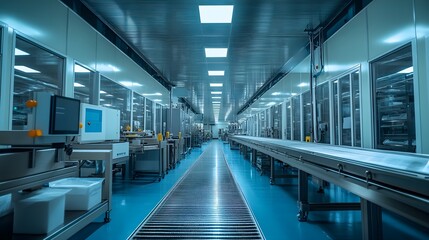 Fototapeta premium Highly sterile, automated food processing plant, with AI-powered machinery controlling quality checks, conveyor belts transporting food under AI supervision