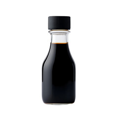 Soy sauce, glass bottle with black cap, white isolated background