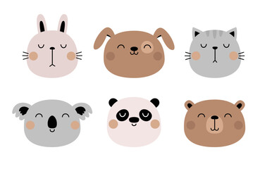 Bunny rabbit, cat kitten, dog, bear, panda, koala set. Funny face head. Cute kawaii cartoon character. Valentines Day. Sticker print. Greeting card. Childish style. Flat design White background Vector