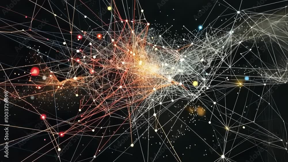 Poster interconnected web of lines and nodes symbolizing data and technology. evokes movement and growth