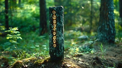 Obraz premium Carved Tree Trunk with Symbols in Forest