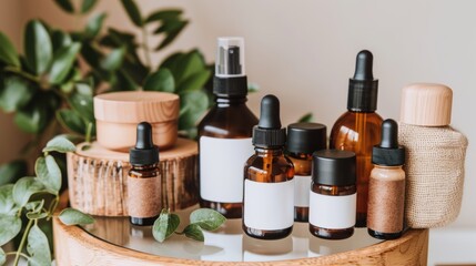Natural Beauty Products on Table with Greenery