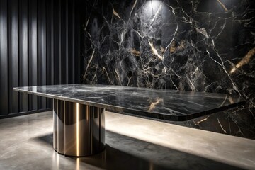 Luxury marble table with black countertop against a black wallpaper background