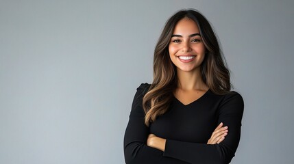 Confident Woman Smiling Against Gray Background