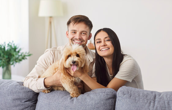 Portrait of happy laughing young couple close near couch with cute little dog, smiling husband and wife with puppy, relaxing together in new own living room, apartment renters with companion animal 