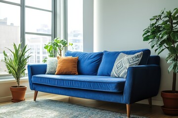 Stylish Neutral Room Featuring a Vibrant Blue Sofa Perfect for Modern Interiors