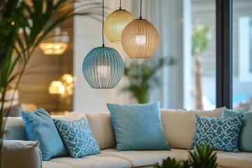 Stylish Neutral Room with Vibrant Blue and Green Pendant Light for Modern Interiors