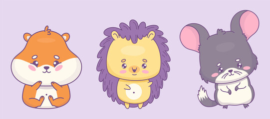 Cute cartoon rodents. Funny hamster, chinchilla and happy hedgehog. Isolated kawaii animal character. Vector illustration. Kids collection
