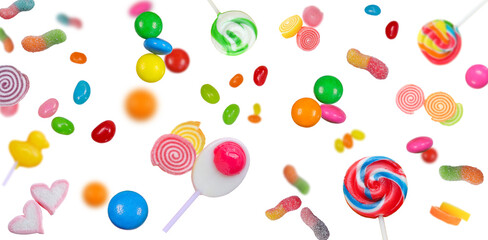 Set of different many candies falling on a white background. lollipops, marshmallow, gummy worm, jelly beans and glazed chocolate