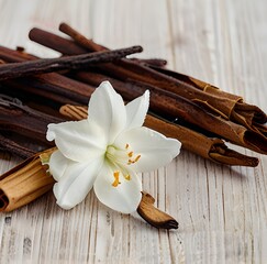 Dried vanilla pods and flower on wooden background