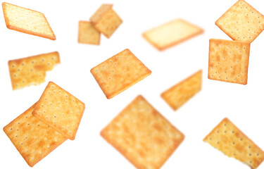 Delicious thin crispy crackers, broken crackers falling on white background.
