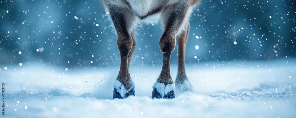 Poster close-up of hooves in fresh snow, capturing a serene winter landscape with delicate snowfall.