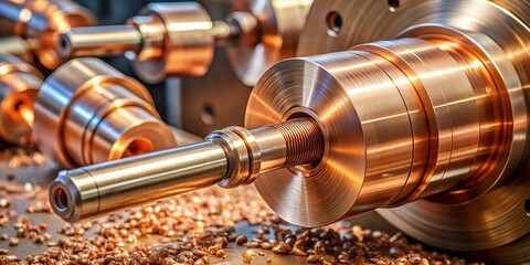 machining copper parts on lathe from worm's eye view