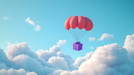 Fototapeta premium 3D Red parachute carrying purple gift box flying through clouds. 3d render illustration. 