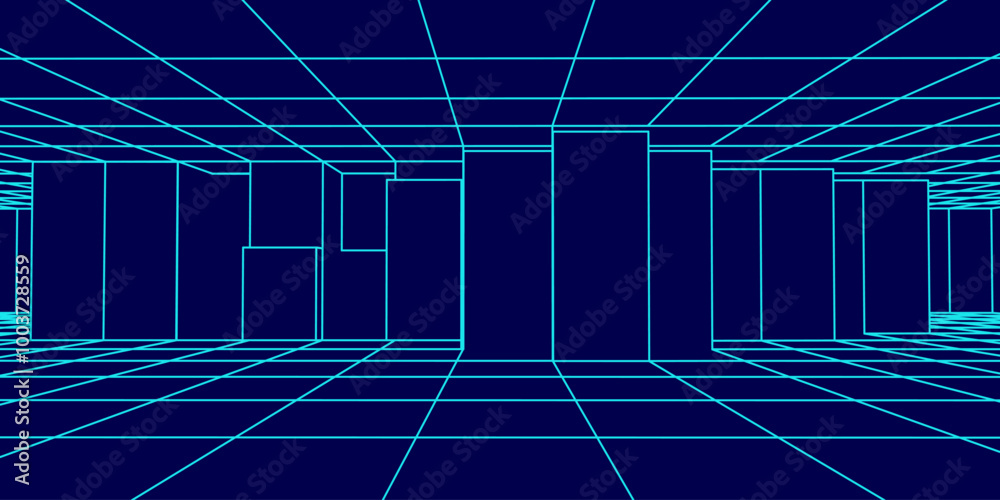 Poster vector double perspective grid on blue background. digital connected cyberspace. network connection 