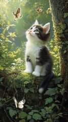  A kitten sits before a tree, as a butterfly flies above
