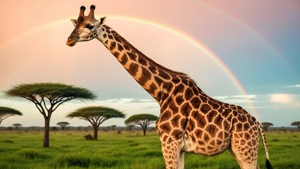 Giraffe with a Rainbow in the Background captures a stunning moment in nature, featuring a graceful giraffe standing majestically in the savannah after a refreshing rain shower.