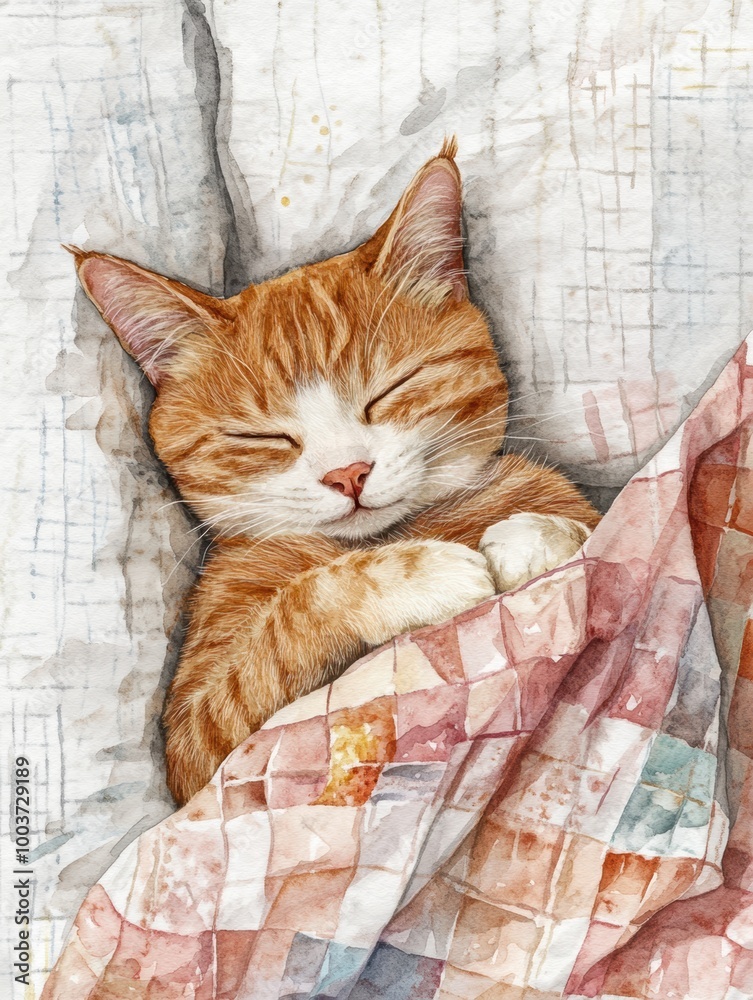 Poster a peaceful sleeping cat nestled on a cozy bedspread with a white background during a sunny afternoon