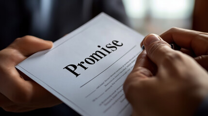 close up of hands holding contract titled Promise, symbolizing commitment and trust. image conveys serious and professional atmosphere, highlighting importance of agreements