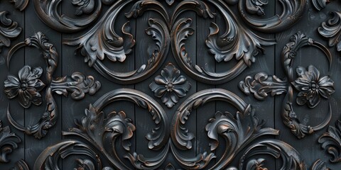 Detailed view of a richly adorned dark wood wall panel featuring a striking contrast of natural wood grain texture.