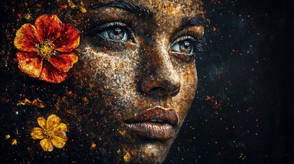  A painting of a woman's face with a flower at its center and another flower situated in the middle