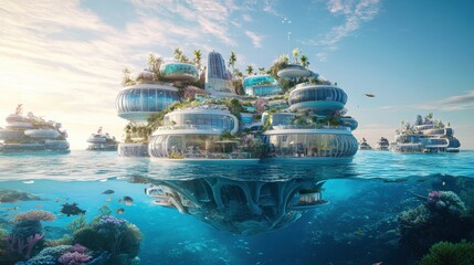 Obraz premium A conceptual design of a floating city in the ocean, with energy-efficient buildings