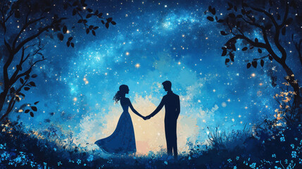 Obraz premium couple holding hands under starry sky symbolizes love and connection in magical setting. enchanting blue hues create romantic atmosphere