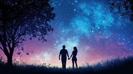 Fototapeta premium couple holding hands under starry sky symbolizes love and connection, surrounded by serene landscape filled with trees and vibrant cosmic backdrop