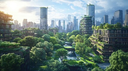 A digital rendering of a biophilic urban renewal project, integrating green spaces into densely populated areas