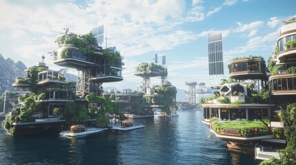 Fototapeta premium A dynamic shot of a floating city with interconnected platforms, green spaces