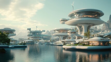Obraz premium A dynamic shot of a floating city with interconnected platforms, green spaces