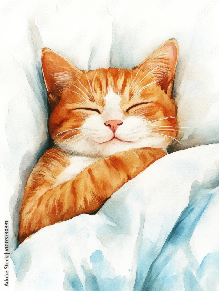 Poster a peaceful ginger cat sleeping soundly on a cozy bedspread with a soft white background during a qui