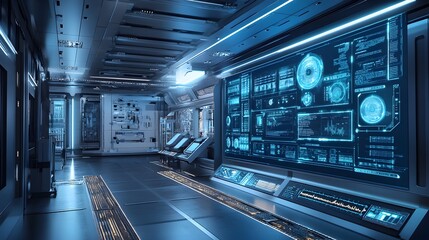 Obraz premium Advanced food production line, AI monitoring system displayed on a huge screen, real-time data analytics, safety checks, and quality control updates