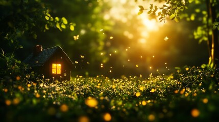 Obraz premium Enchanting glade with a cozy house, glowing in sunlight, surrounded by lush greenery and illuminated fireflies.