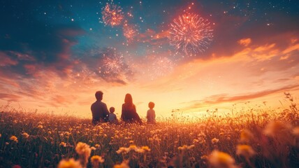 Family enjoying fireworks at sunset over a flower-filled field, serene and joyful atmosphere.
