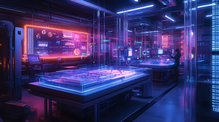 Fototapeta premium AI-operated food processing plant with minimalist machinery, transparent tubes transporting food, data visualizations in vibrant neon, Futuristic, Cyberpunk