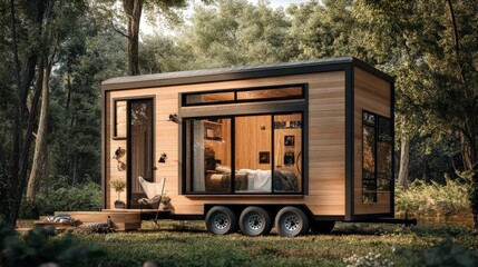 A rendering of a tiny house with a minimalist design, large windows, and a loft bedroom