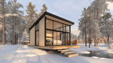 A rendering of a tiny house with a minimalist design, large windows, and a loft bedroom