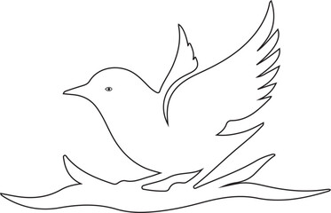  A bird with a flying pose on a tree branch in a charming, line art drawing.