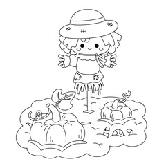 Coloring book for kids, Cute scarecrow and pumpkin patch