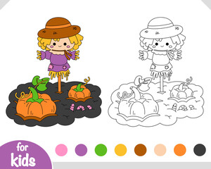 Coloring book for kids, Cute scarecrow and pumpkin patch