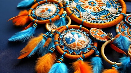 Fototapeta premium Colorful Dreamcatchers with Feathers on Blue Background