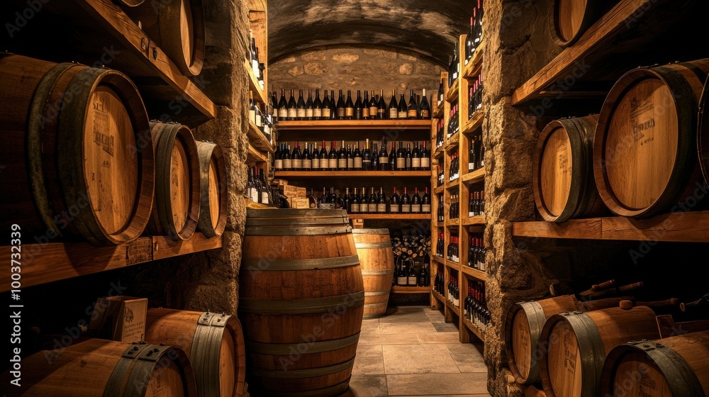 Poster Exploring a rustic wine cellar filled with wooden barrels and shelves lined with various wine bottles. Generative AI
