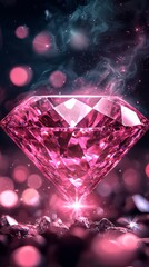 Fototapeta premium A pink diamond rests atop a table, nearby are piles of rocks and stones