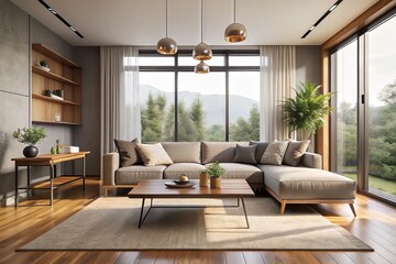 Fototapeta premium Contemporary living room with sleek gray couch, wooden coffee table, and floor-to-ceiling windows flooded with natural light, surrounded by minimalist beige walls.
