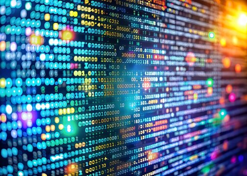 Complex digital code filling screen with colorful syntax highlighting, mixture of programming languages, and abstract elements forming abstract background texture.