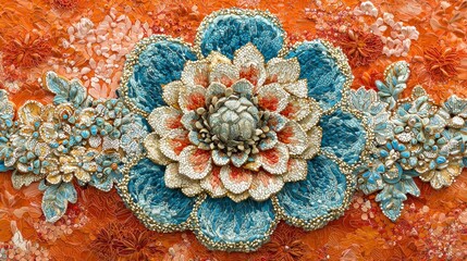  A tight shot of an artpiece crafted from beads and flowers against an orange backdrop Vibrant hues of orange and blue dominate the composition