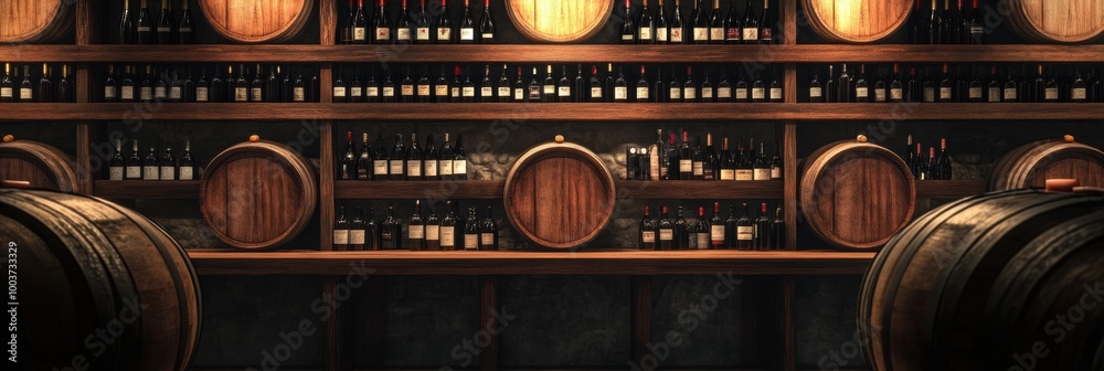 Aufkleber A rustic wine cellar featuring wooden barrels and shelves stocked with an array of wine bottles ready for aging and enjoyment. Generative AI
