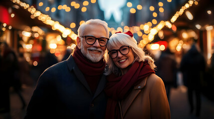 Obraz premium Smiling Couple Enjoying Festive Lights at a Holiday Market