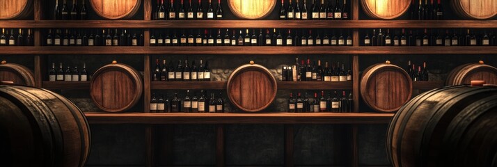 A rustic wine cellar featuring wooden barrels and shelves stocked with an array of wine bottles ready for aging and enjoyment. Generative AI
